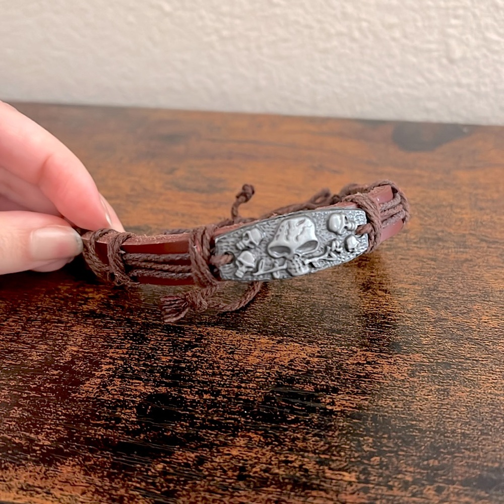 Leather Skull and Rose Bracelet